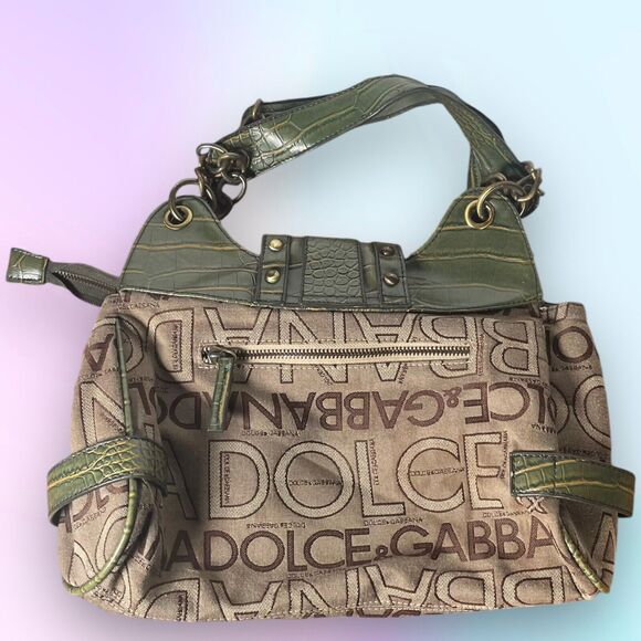 Dolce&Gabbana Shoulder Bag Designer Purse Brown Fabric w/ Green Textured Leather - Picture 10 of 13
